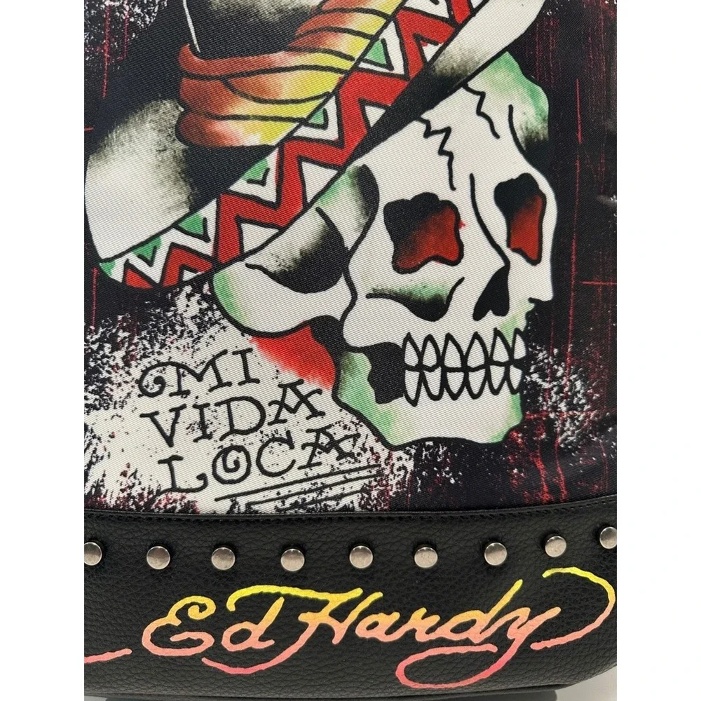 Ed Hardy Mi Vida Loca Skull Backpack Black Studded Tattoo Art Laptop Bag